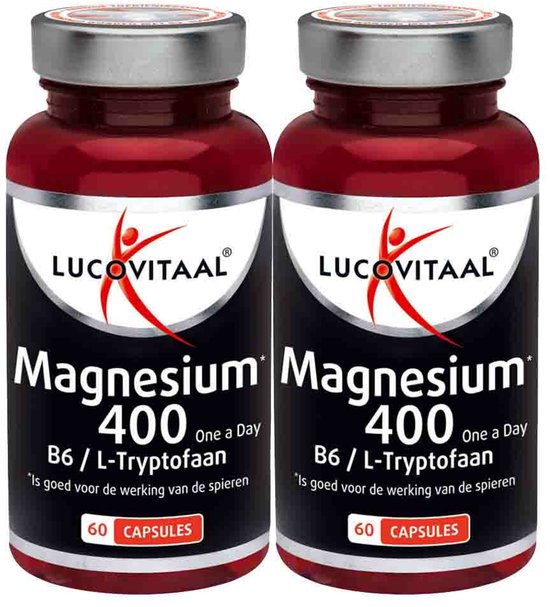 Twee rode potten met zilveren dop. Etiket met 'Lucovitaal Magnesium 400 One a Day B6/L-Tryptofaan'.