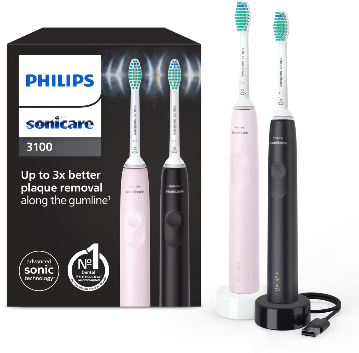 Philips Sonicare Series 3100 - Elektrische tandenborstel - Zwart & Roze - Duopack - HX3675/15