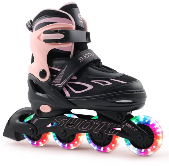 Suotu Skeelers - Inlineskates Verstelbaar - Skeelers meisjes en jongens - Maat: EUR 32-36 - lichtgevende wielen - S79 - Roze/Zwart - M