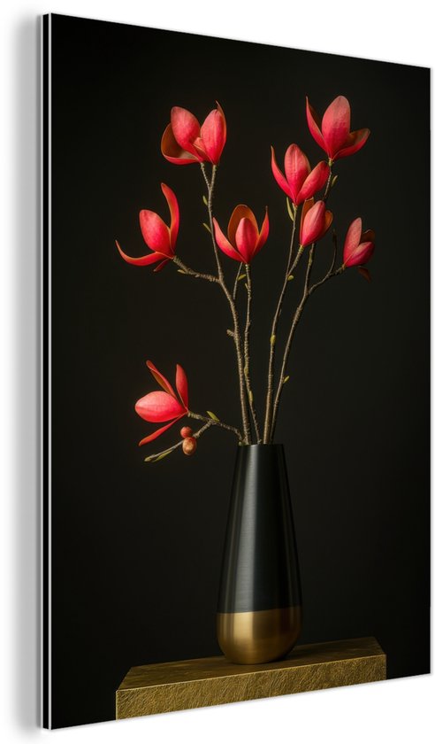 Aluminium schilderij 30x40 cm - Wanddecoratie metaal - Rode - Bloemen - Vaas - Metalen muurdecoratie woonkamer - Decoratie industrieel - Foto op dibond - Industriële accessoires slaapkamer
