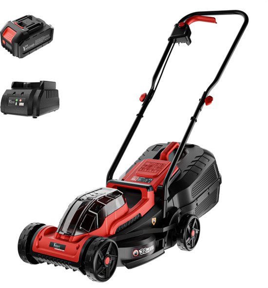 Rood-zwarte accugrasmaaier met twee accu's en oplader.
