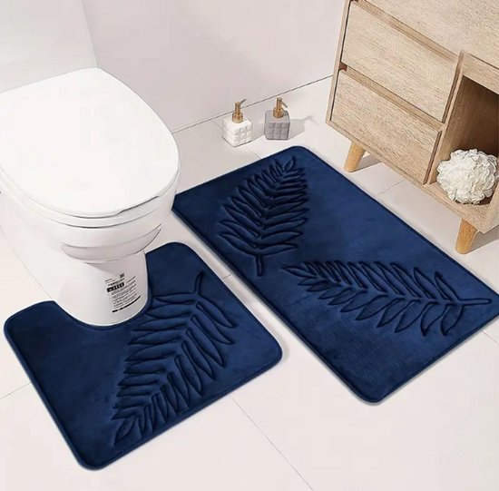 AtelierVolto 2-Delige Zachte Geheugenfoam Badmat Set- WC-mat – Absorberend – Wasbare Badkamer Matten met Varenblad Reliëf