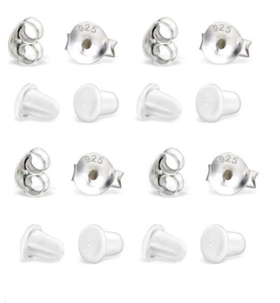 Fermoirs de boucle d'oreille en argent avec poinçon '925' et stoppeurs en caoutchouc blanc.