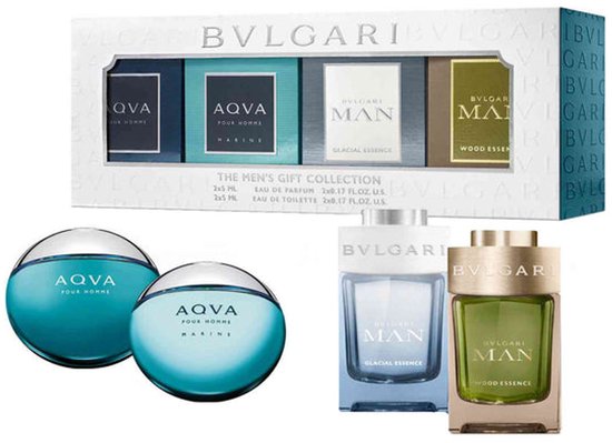Bvlgari herencadeauset: vier parfumflesjes (Aqua Marine, Aqua Pour Homme, Man Glacial Essence, Man Wood Essence) en twee grotere flacons van Aqua.
