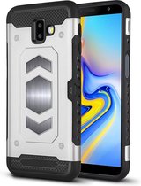 Ntech Geschikt voor Samsung Galaxy J6 Plus (2018) Luxe Armor Case Pashouder - Zilver