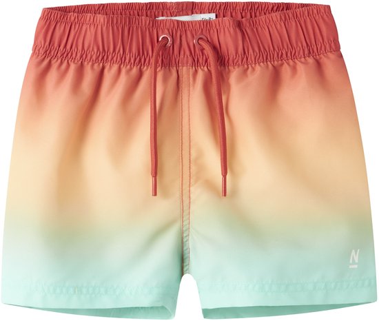 Zwemshort in rood, oranje en blauw verloop, met logo.