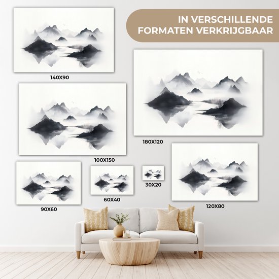 Canvas schilderij 30x20 cm - Exclusieve wanddecoratie Bergen - Mistig - Water - Wit - Muurdecoratie woonkamer - Slaapkamer decoratie - Kamer accessoires - Schilderijen op canvas