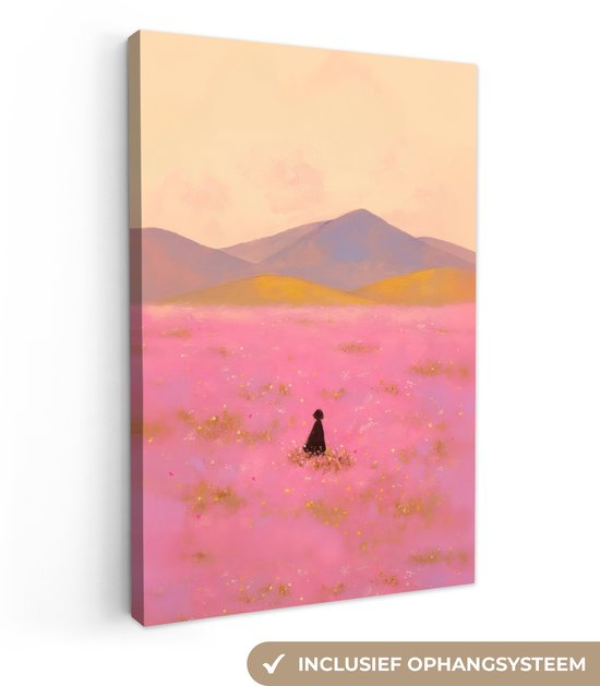 Canvas schilderij 80x120 cm - Exclusieve wanddecoratie Bloemenweide - Heuvels - Silhouet - Roze - Muurdecoratie woonkamer - Slaapkamer decoratie - Kamer accessoires - Schilderijen op canvas