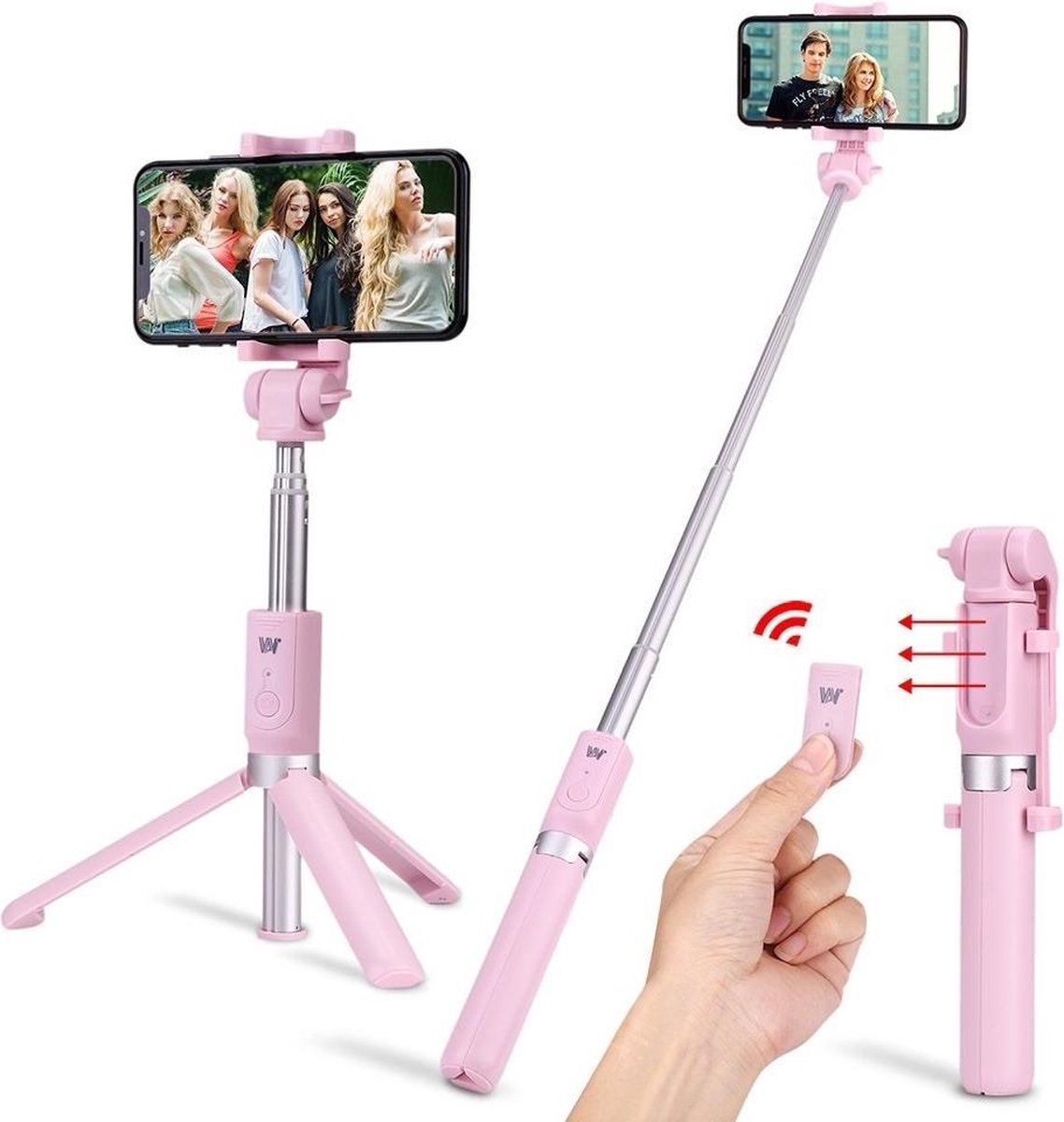 Ntech 3 in 1 Bluetooth Selfie Stick met Afstandsbediening en Foldable Tripod Stand - Roze