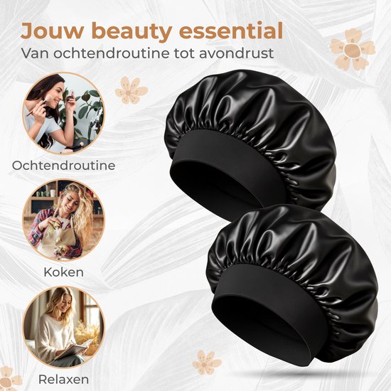 Twee zwarte satijnen bonnets, met afbeeldingen van ochtendroutine, koken en relaxen.