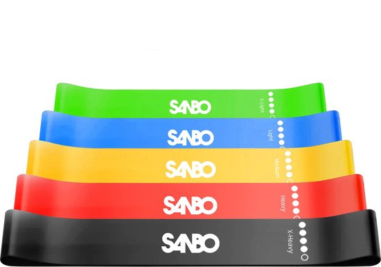 Set van 5 SANBO weerstandsbanden in groen, blauw, geel, rood en zwart.