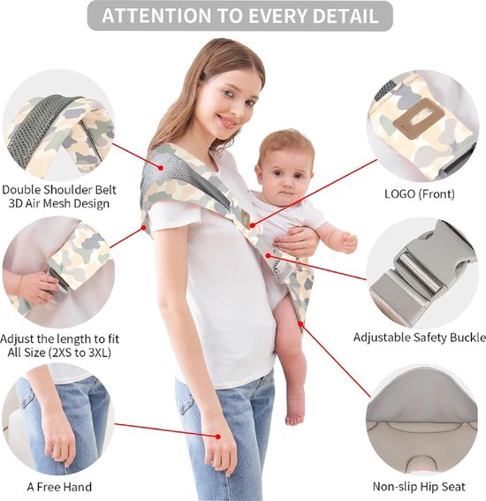 Draagzak - Ergonomische draagzak - Voordrager - Verstelbare draagzak met één schouder voor baby's - Heupdraagzak van mesh - Draagbare draagzak - Past op buik, heupen en rug - Camouflagepatroon
