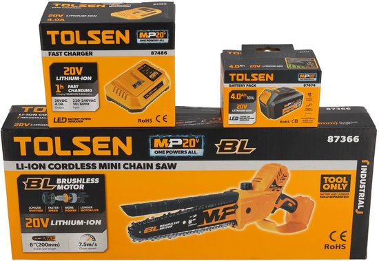 Mini tronçonneuse Tolsen sans balais Industrial - 20 V Li-ion - 400 W - Longueur du guide-chaîne : 200 mm - Vitesse de chaîne : 7,5 m/s - Lubrification automatique de la chaîne - 1 batterie de 4,0 Ah et 1 chargeur rapide inclus