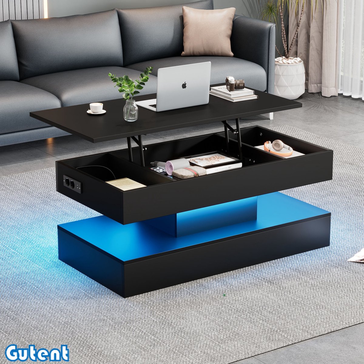 Gutent Salontafel - met LED Verlichting - Verborgen Opbergruimte - met Hydraulisch Hefmechanisme - 100*50*42 cm - Zwart