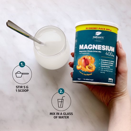 Magnésium En Poudre Nature's Finest - 400 Mg Par Dose, Goût Pêche, Pot De 200 G (neuf)