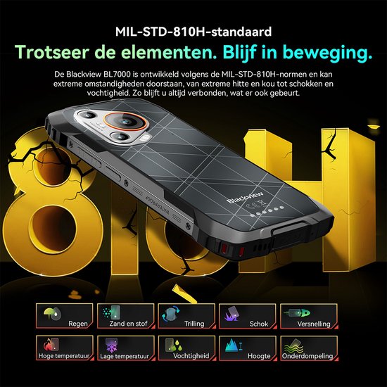 Robuuste Blackview BL7000 smartphone, voldoet aan MIL-STD-810H-standaard, met pictogrammen voor weerstand tegen elementen.