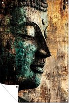 Spirituele Boeddha met abstracte texturen - Boeddha buitenposter - Tuinkunst beeld - Surrealistisch - Buitenmuur kunst - Tuin schilderij - Tuinposter 100x150 cm