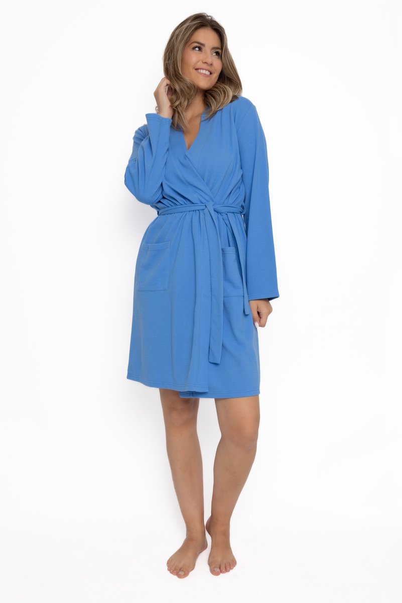 Cocodream - dames ochtendjas met wafelstructuur - sauna badjas - blauw - maat M