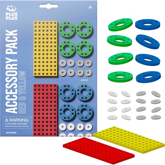 Accessory Pack Red & Yellow: bouwplaten, wielen en ringen met Plus Plus logo.