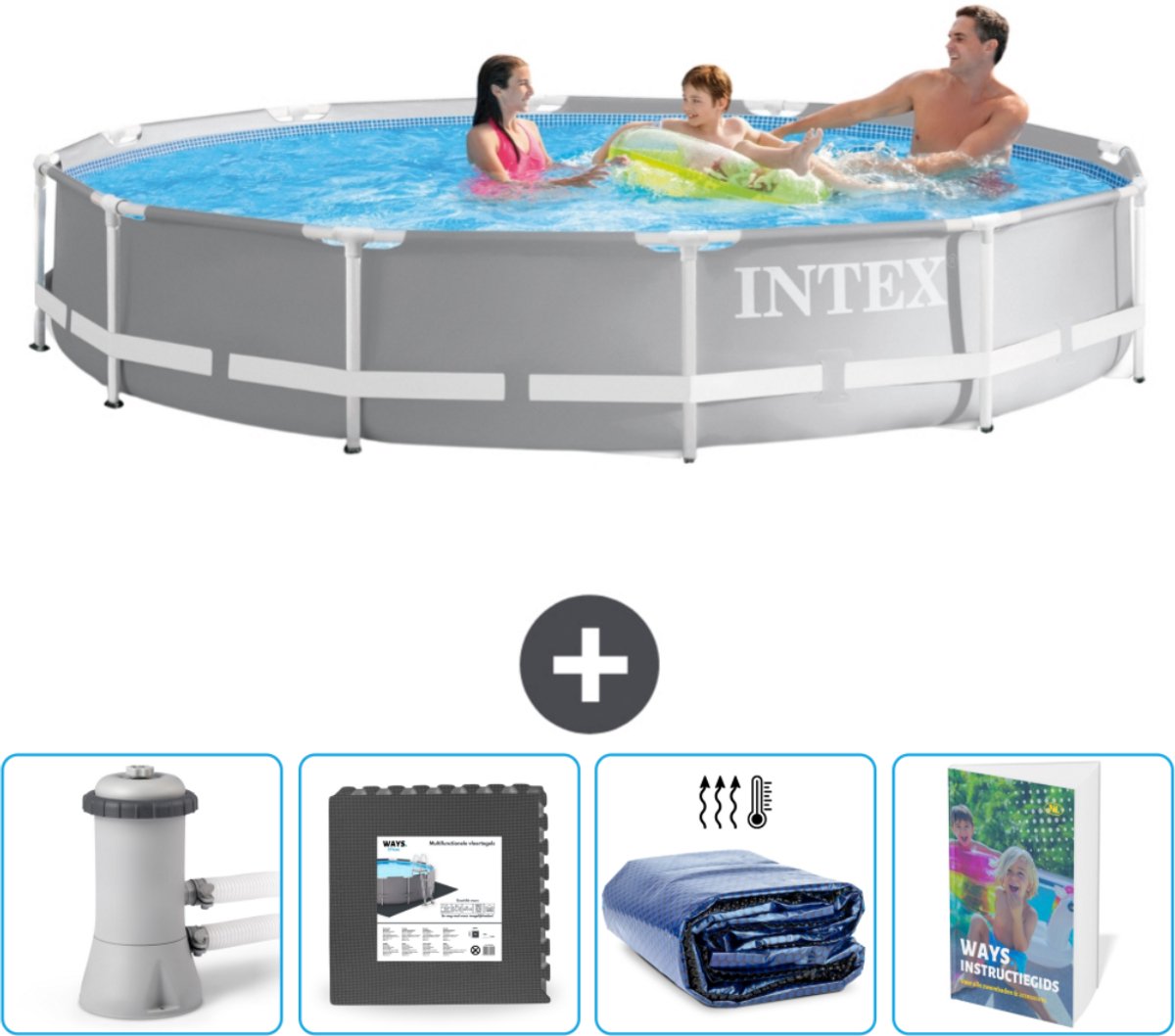 Intex Rond Prism Frame Zwembad - 366 x 76 cm - Grijs - Inclusief Zwembadfilterpomp - Vloertegels - Solarzeil - Zwembadgids
