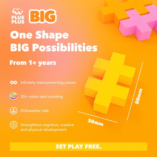 Plus-Plus BIG bouwsteen geel van 30x50mm, naast tekst over 'One Shape BIG Possibilities'. Gemaakt voor 1+ jaar.