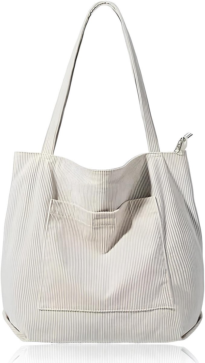 Famanu - Corduroy Draagtas voor Vrouwen – Grote Capaciteit Schoudertas met Koord en Rits – Waterdichte Boodschappentas voor School, Werk en Reizen, Beige