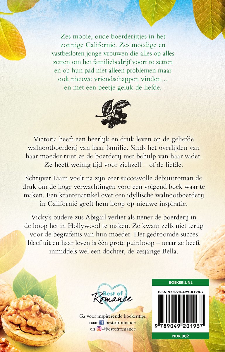 Boekcover met tekst en afbeeldingen van walnoten, bladeren en een takje met walnoten.