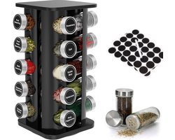 BOTC Kruidenrek Organizer met 20 Kruidenpotjes - Kruidenrek draaibaar - Strooideksel & Labels - Staand - Zwart