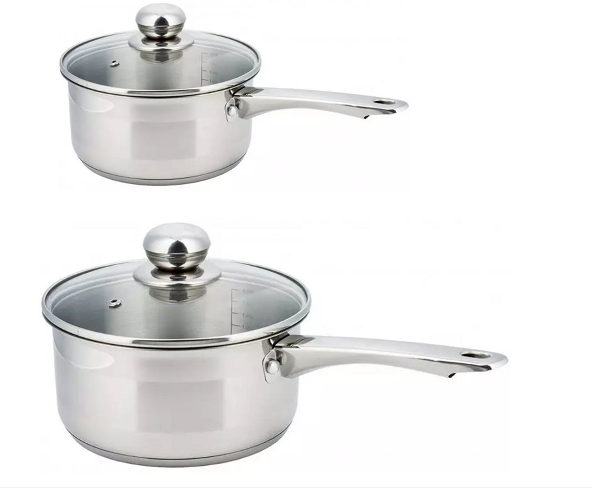 2 x steelpan / sauspan - steelpan met glazen deksel - Ø14 en Ø18 cm - RVS - 1 liter en 2,1 liter