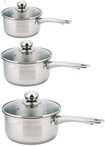 3 x steelpan / sauspan - steelpan met glazen deksel - Ø14, Ø16, Ø18 cm - RVS - 1 / 1.5 / 2.1 liter