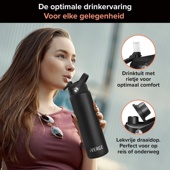 The Verge® - Luxe RVS Drinkfles 650 ML met Rietje voor Volwassenen en Kinderen – Bidon – Thermosfles - 24 uur koud/12 uur warm – Waterfles met Dubbelwandige isolatie - Met 2 Doppen - Zwart