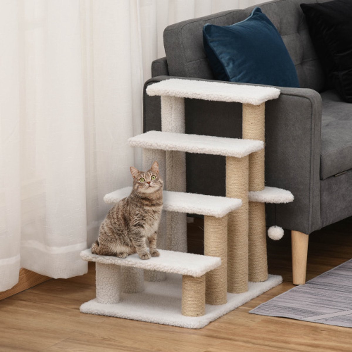 Kattentrap met krabpaal 4 treden & hondentrap van spaanplaat, pluche & jute, wit, 60x40x64cm voor katten & honden