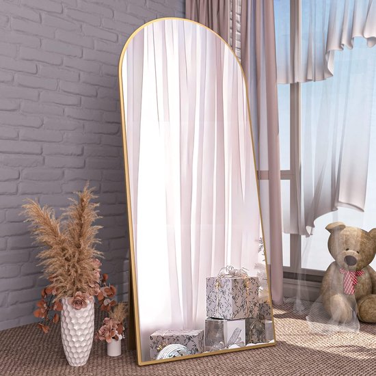 Elemango 165 x 60 cm gewölbter Bodenspiegel, Gold Ganzkörper- Wandspiegel mit Aluminiumrahmen, gewölbter Oberseite, zum Aufhängen oder Anlehnen, Ankleidespiegel für Schlafzimmer, Wohnzimmer, Gold
