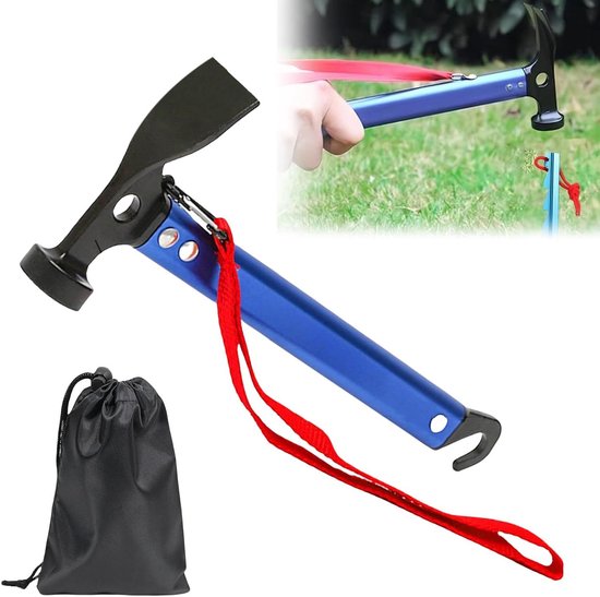 305 cm campinghamer met haak en mini-hak hamer van aluminium outdoor campinghamer multifunctionele hamer voor tentharingen met opbergtas (blauw)