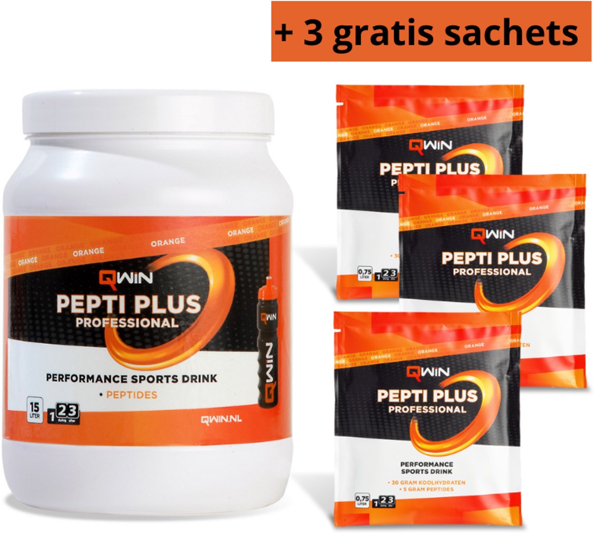 Goedkoopste QWIN PeptiPlus Sportdrank Orange - 15 liter & 3 gratis sachets - NZVT keurmerk