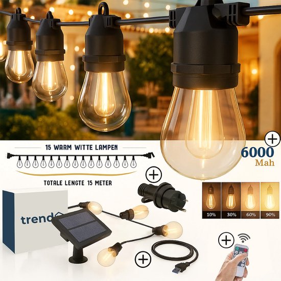Solar tuinverlichting - Tuinverlichting - Tuinverlichting op zonneenergie - Buitenverlichting - Lichtsnoer buiten - Lichtslinger- Weersbestendig - 4 lichtinstellingen - Zonne-energie + adapter oplaadmogelijkheid -15 lampjes - 15 m - Zwart
