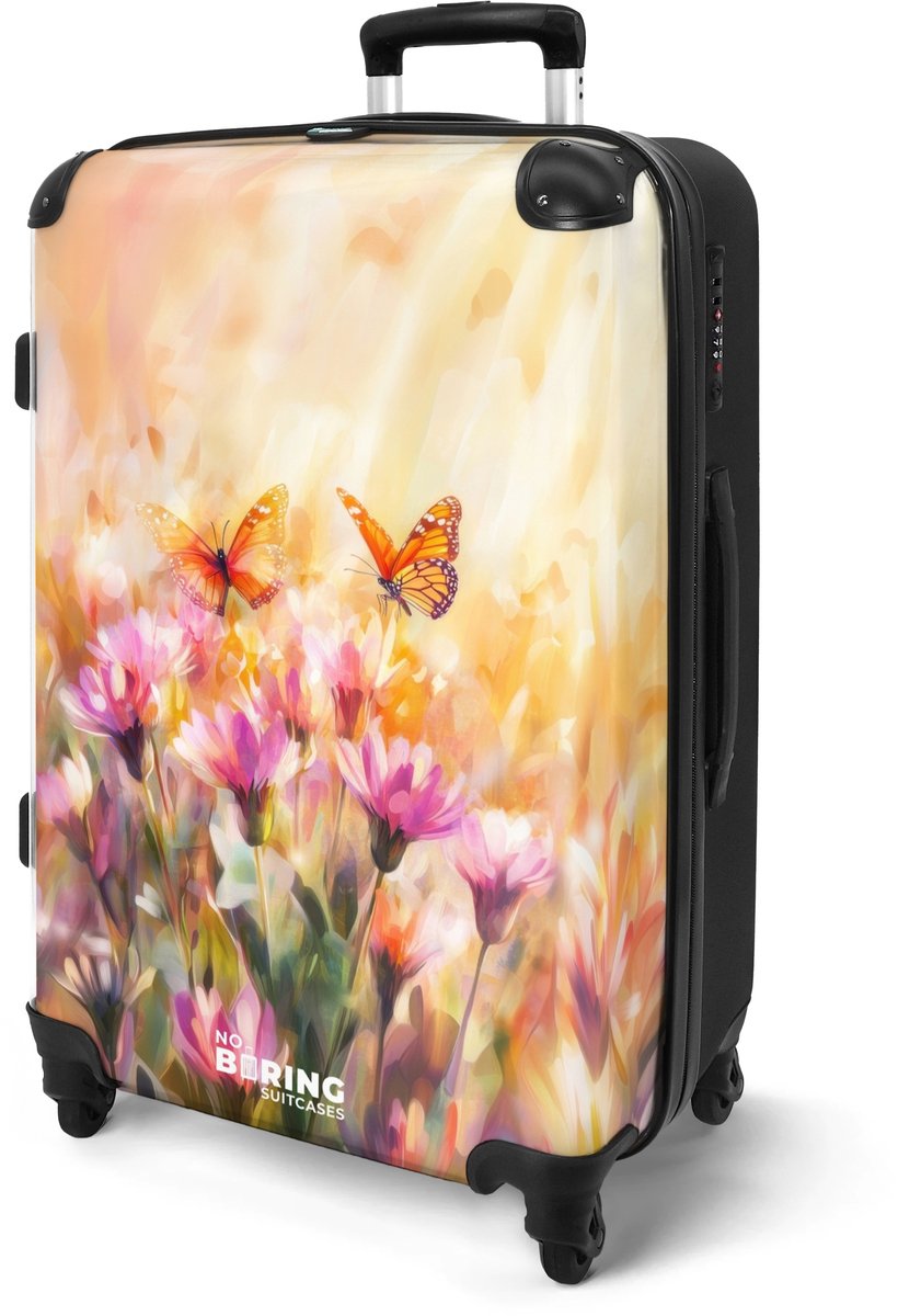 NoBoringSuitcases.com® - Koffer groot - Rolkoffer lichtgewicht - Bloemen met vlinders - Reiskoffer met 4 wielen - Valies grote trolley XL op wieltjes - Harde reistrolley met TSA slot - 20 kg bagage - Reizen