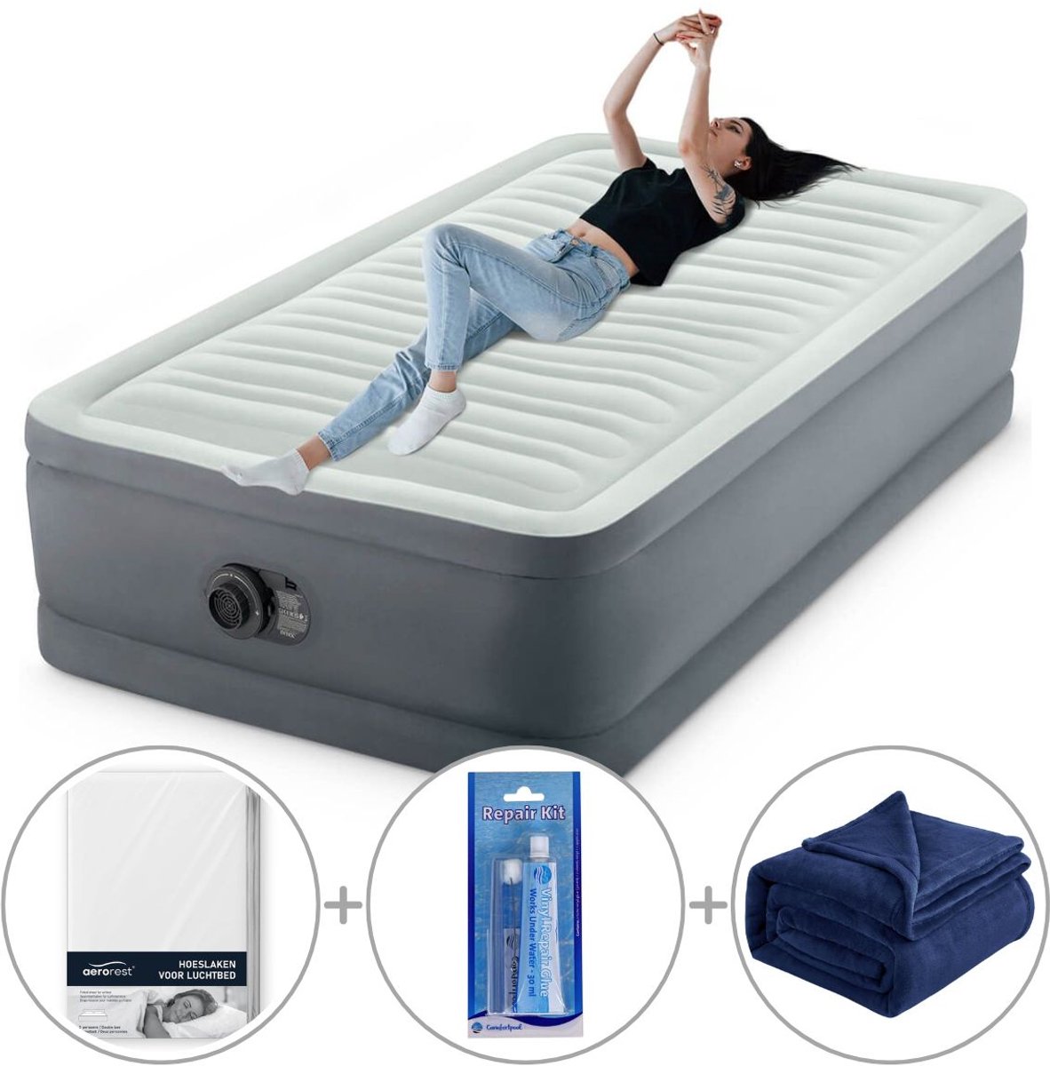 Intex PremAire I luchtbed | Eenpersoons | 191 x 99 x 46 cm | Inclusief bijpassend hoeslaken + reparatiekit + fleece deken