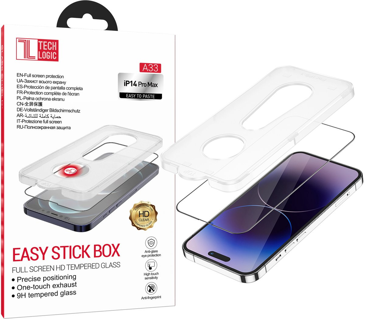 Tech Logic Glazen Screenprotector & Applicator Geschikt voor iPhone 14 Pro Max - Volledig Dekkend - Inclusief Herbruikbare Installatietray voor Eenvoudige Plaatsing