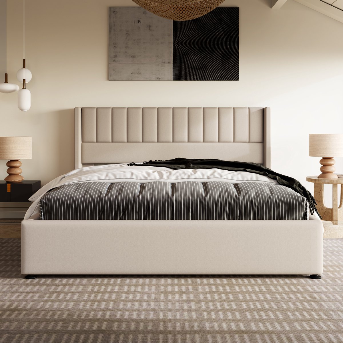 Opbergbed Dubbelbed 180x200cm - Hydraulisch, houten lattenbodem, linnen, beige (zonder matras)