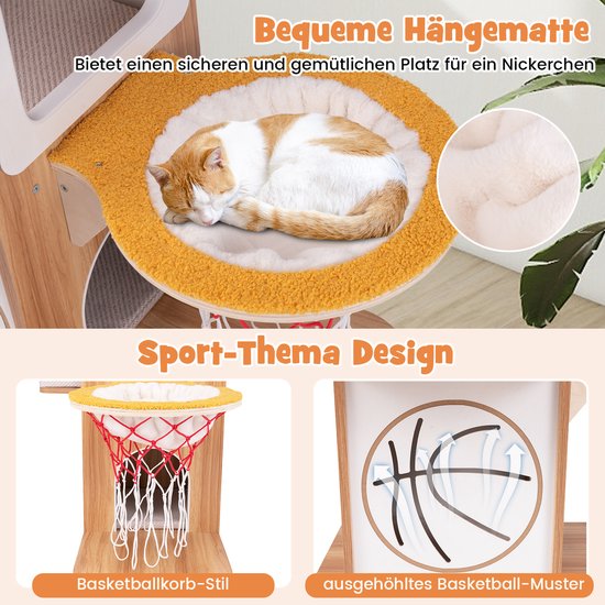 Kattenboom met mand in basketbalstijl. Close-up van een slapende kat in de mand, een close-up van de basketbal-opdruk en de mand.