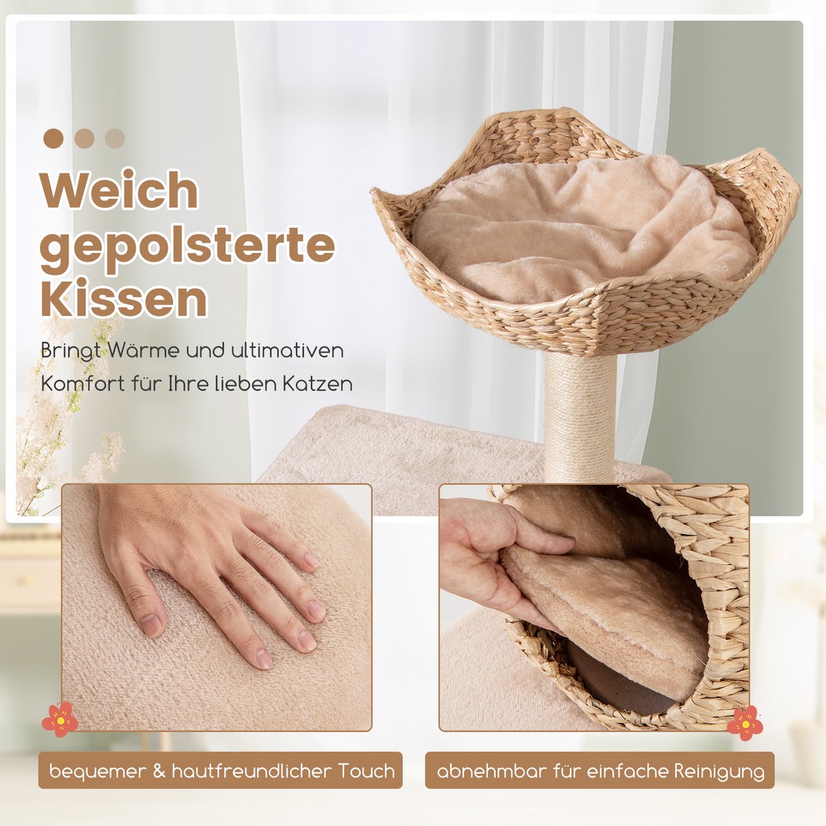 Krabpaal, kattenboom met kattenbak, 185 cm hoog, krabpaal platform, wasbaar kussen, ‎grijsbeige
