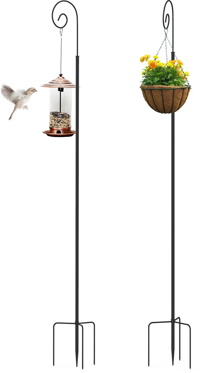 unho herdershaken voor buiten - Heavy Duty vogelvoederpaal - met 4 basis tanden - verstelbare hoogte - tuin opknoping houder voor vogelvoeders, Solar Light lantaarns - tuin plantenhanger staanders - 2 packs -Zwart