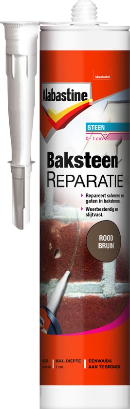 Alabastine Baksteen reparatie kit in de kleur rood bruin. De kit is voor het repareren van scheuren en gaten in bakstenen.