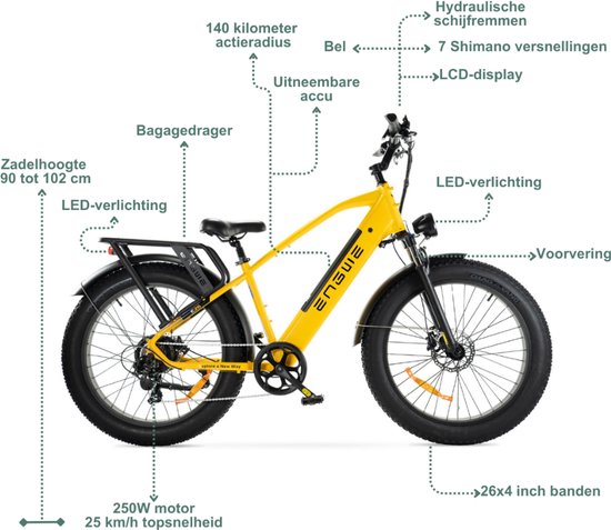 ENGWE E26 Elektrische Fatbike - E-bike - Hoge Instap - 26 Inch - 250W Motor - 7 Versnellingen - 140 km Actieradius - Hydraulische Schijfremmen - Geel