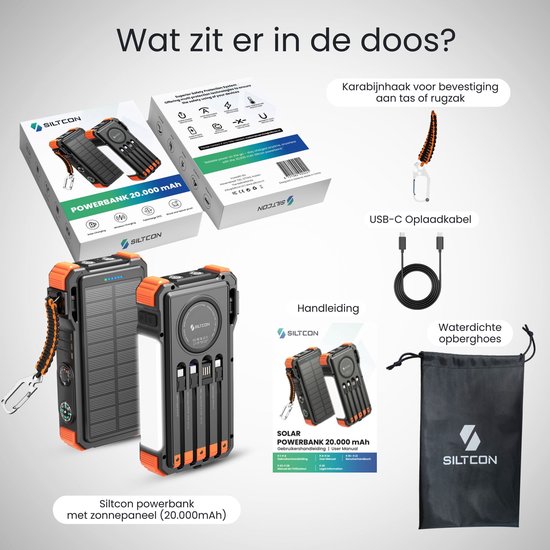 Inhoud van de doos: Siltcon powerbank met zonnepaneel, handleiding, USB-C kabel, karabijnhaak en waterdichte hoes.