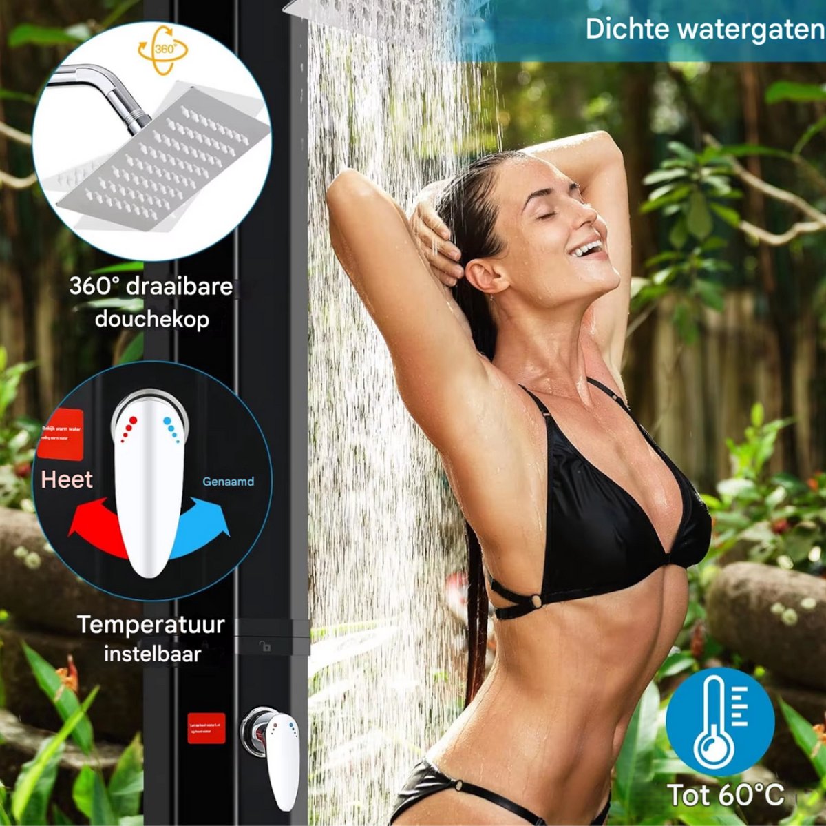 Vrijstaande Buiten Douche - Zwart & Zilver - Tuindouche - Sauna douche - 360° Zonne-energie Douchekop en Voetspoeluitloop - Temperatuurregeling tot 60°C - Met Deksel - 60L thumbnail 4