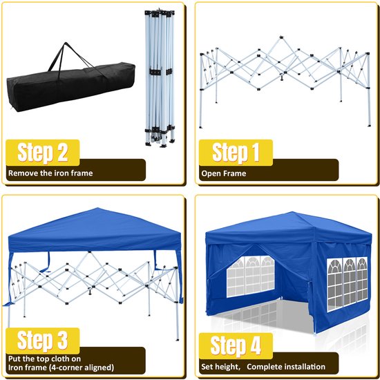Tente de réception pliable et imperméable, facile à monter, panneaux latéraux pour jardin et camping, avec sac de transport, 3 x 3 m, avec côtés Blauw