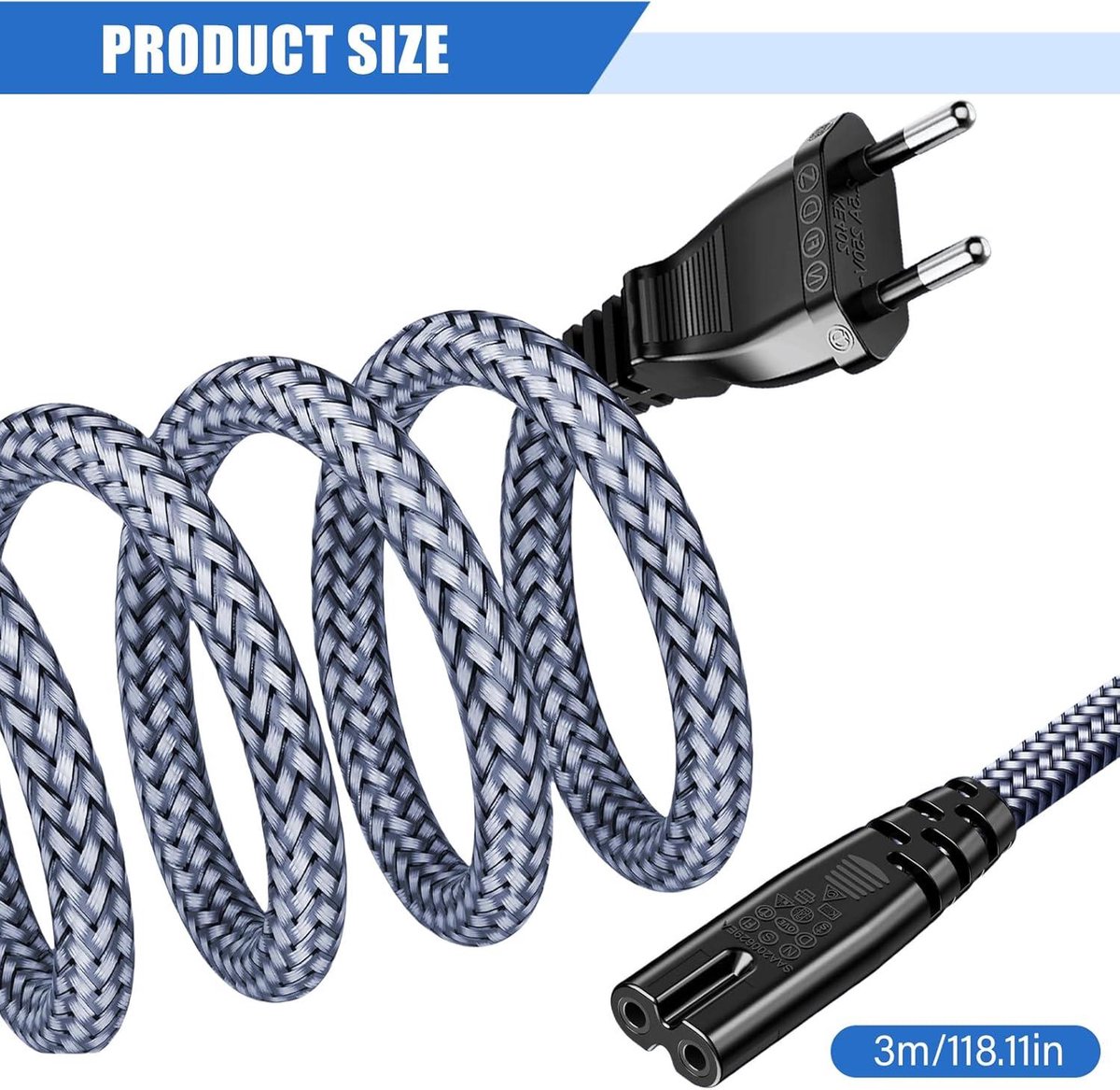 Stroomkabel C7, tweepolig, 1,5 m, compatibel met Samsung TV, PS5, PS4, PS3, Xbox X/S-serie, zwarte kabel voor monitoren en gameconsoles