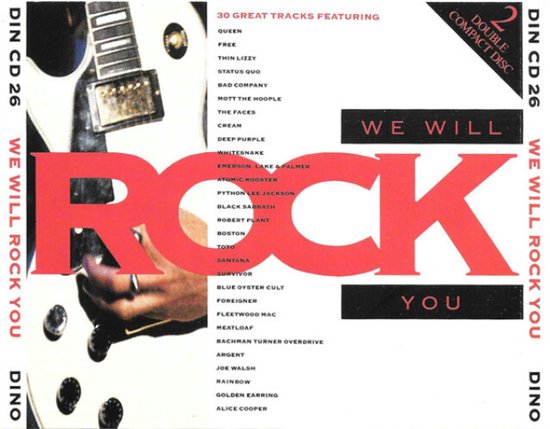 Cd-hoes met de tekst "WE WILL ROCK YOU" in grote rode letters, met een deel van een elektrische gitaar.